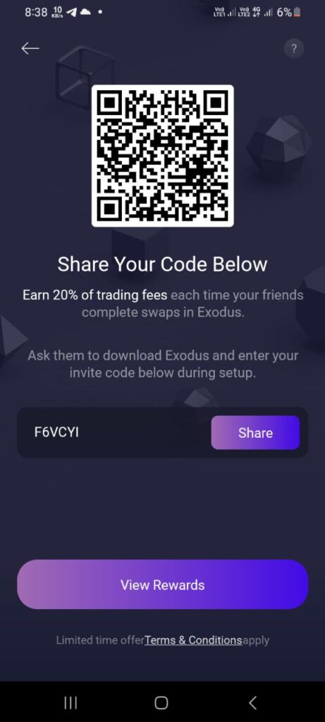 Exodus Referral Code (F6VCYI) get 75% rebate on trading fees.