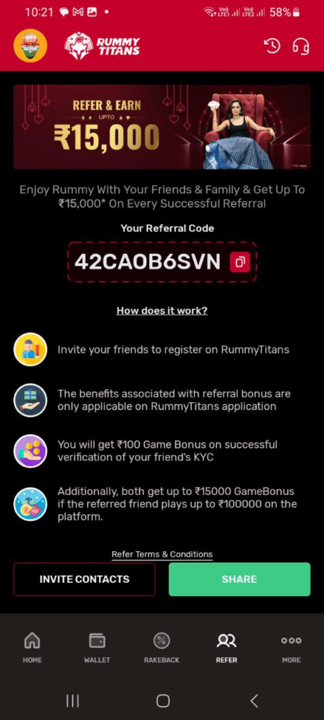 Rummy Titans App Referral Code (42CAOB6SVN) Get ₹150 Signup Bonus.