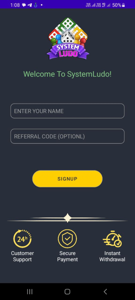 System Ludo App Referral Code (286797585) Get ₹100 Signup Bonus.