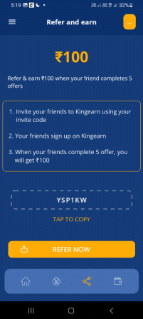 KingCash App Referral Code (YSP1KW) Get ₹100 As a Signup Bonus.