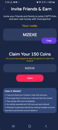 YooCaptcha App Invitation Code (MZEXE) Get 150 Points Signup Bonus.